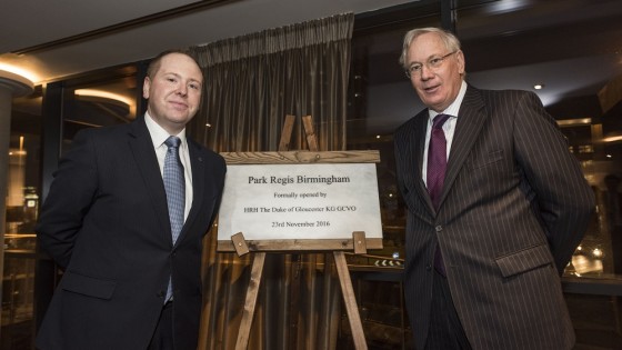 The Duke of Gloucester, Prince Richard unveils a plaque to commemorate the official opening of Park Regis Birmingham alongside general manager Robin Ford.