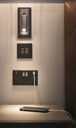 Hamilton products welcome each guest into their room as a Hamilton hotel key card switch has been installed next to a single rocker switch that controls the lighting in the entrance area. Hamilton also helps make European guests feel at home with the inclusion of a European SCHUKO and dual USB 2-gang switched sockets within a specially manufactured plate installed above a vanity table in each room.
