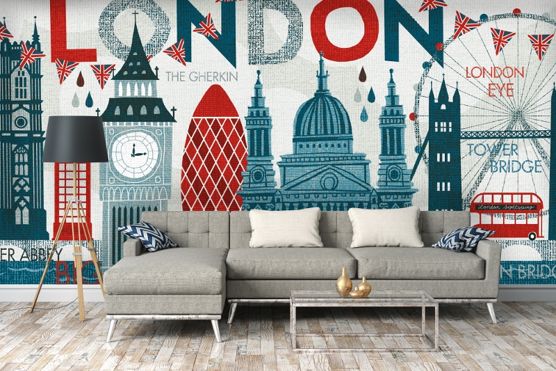 Colourful wall mural resembles skyline of London