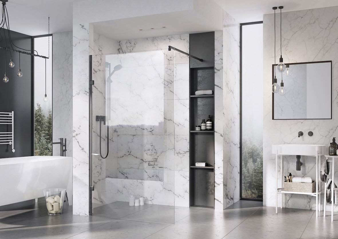 modern bathroom featuring matt black shower panel