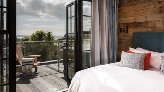 Modern guestroom with views over Falmouth Bay