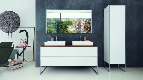 XSquare console vanity unit in White Satin Matt, with console in Dark Walnut, DuraSquare above counter basin with C.1 tap fitting (Design by Kurt Merki Jr.)