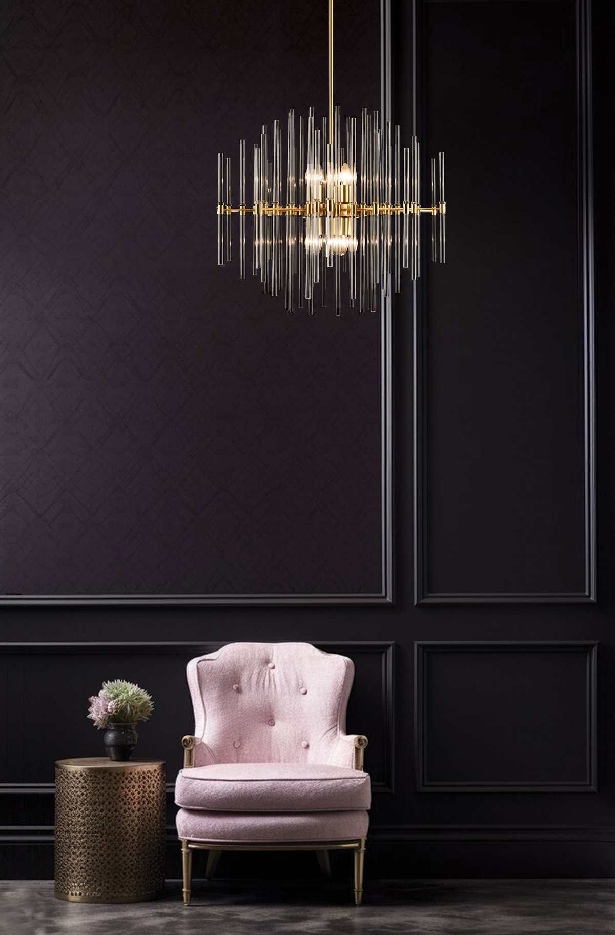 chair against black wall with statement chandelier by Franklite above