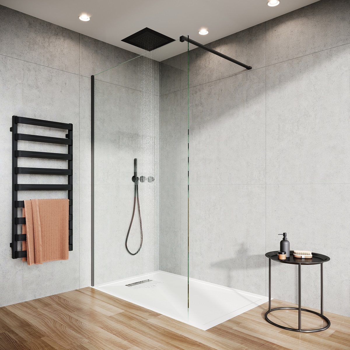 black Crosswater shower and towel rack in glass shower with wooden floor