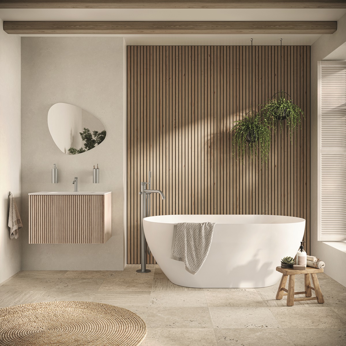 freestanding bath in bathroom with wooden and natural surfaces