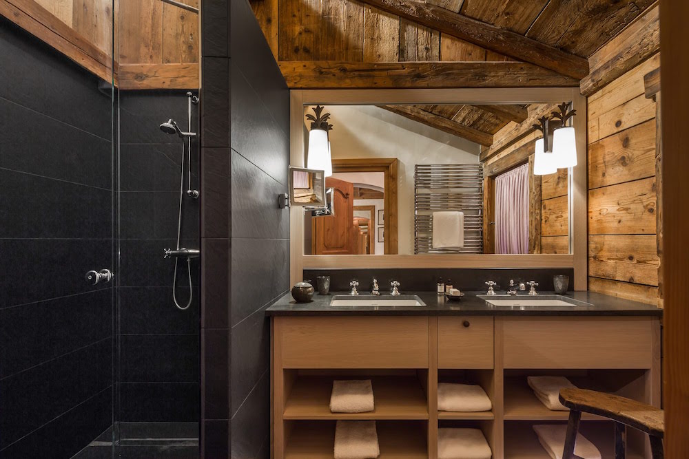 Bathroom with wooden walls and modern shower