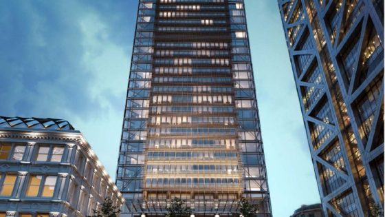 render of high-rise building from street level at night