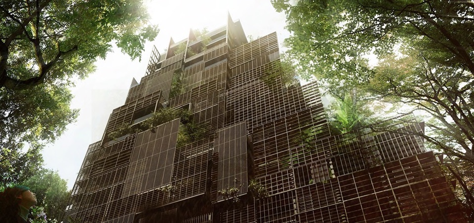 Render of building that is blended into trees 