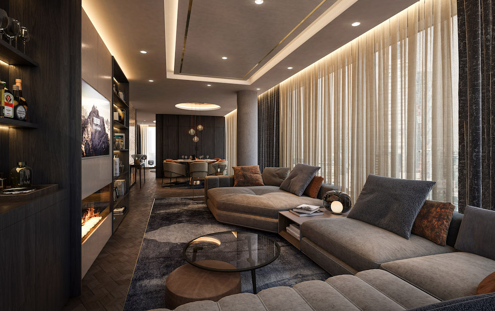 Masculine interiors in lounge of Aparthotel