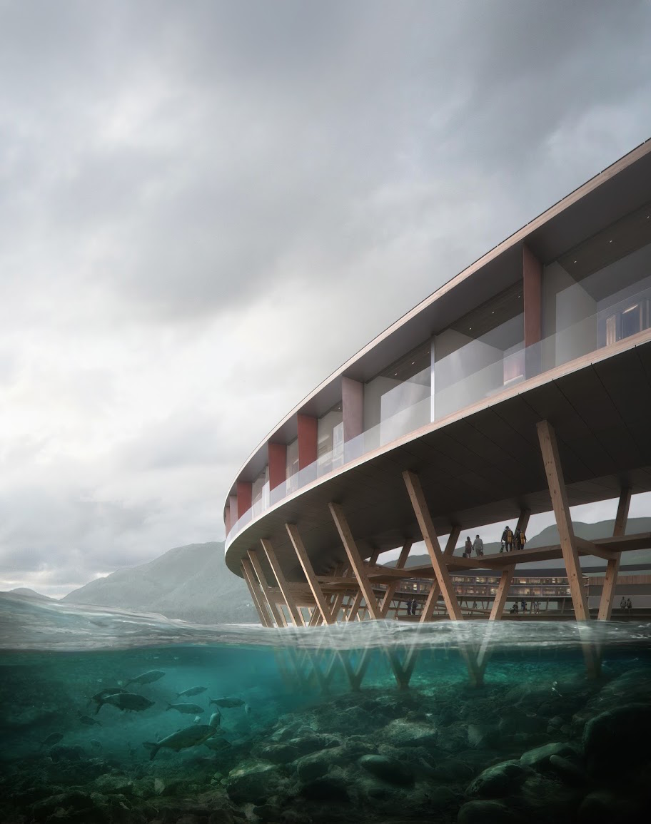 render of side of structure on stilts in the water