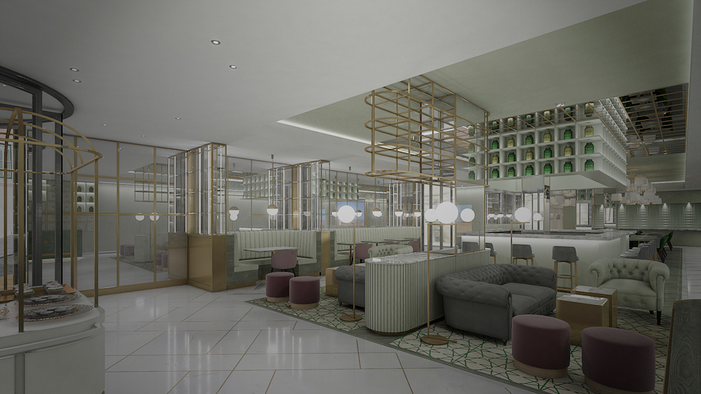 Render of 70s inspired furniture in bar and restaurant with modern touches