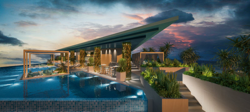 Render of rooftop pool and dynamic angular roof