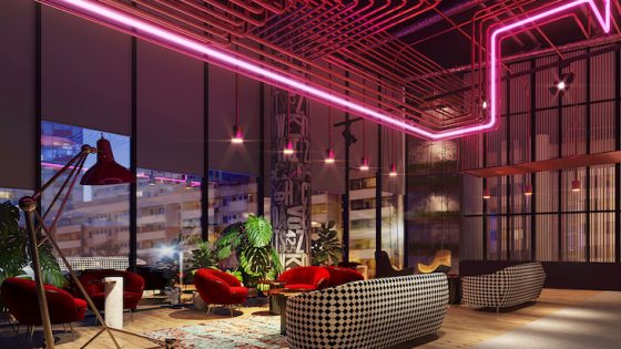 Electric red led lights in modern and quirky lounge