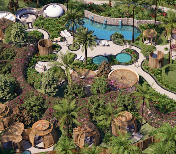 Render of birdseye view of outdoor spa and pool area