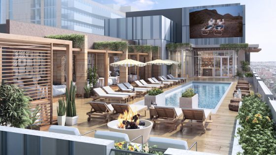 Render of rooftop bar and pool in city