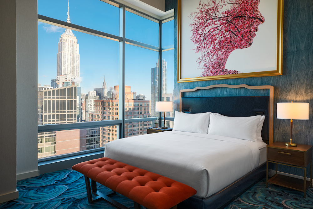 Penthouse bedroom overlooking skyline of New York 