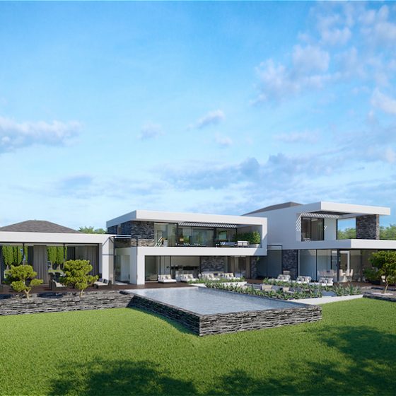 Render of modern structure surrounded by green grass