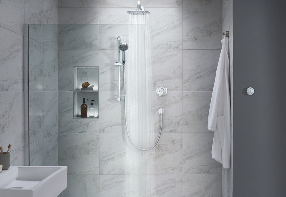 Digital shower on wit marble wallcovering