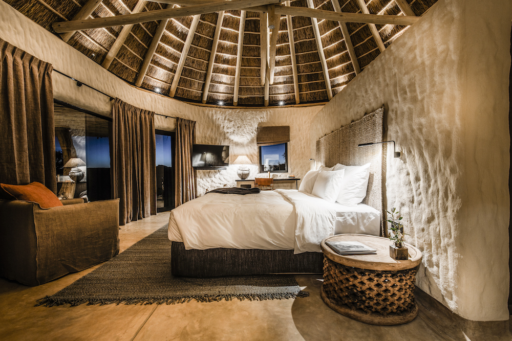 Interiors inside one of the hut-like guestrooms of Zannier Hotels Omaanda