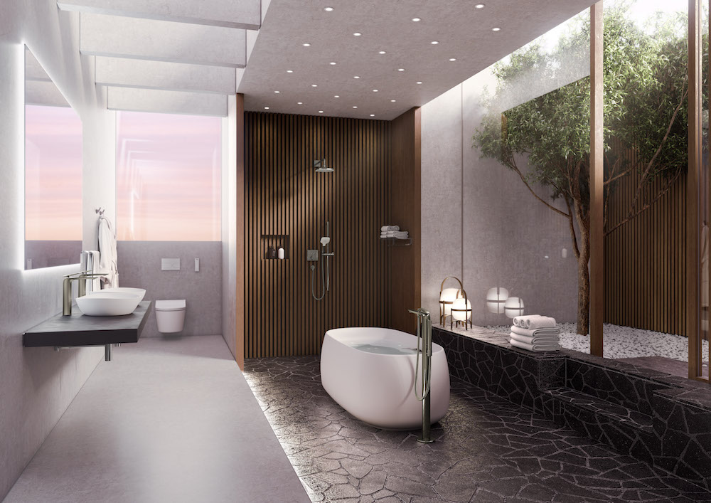 A futuristing bathroom setting with a TOTO bath in the centre