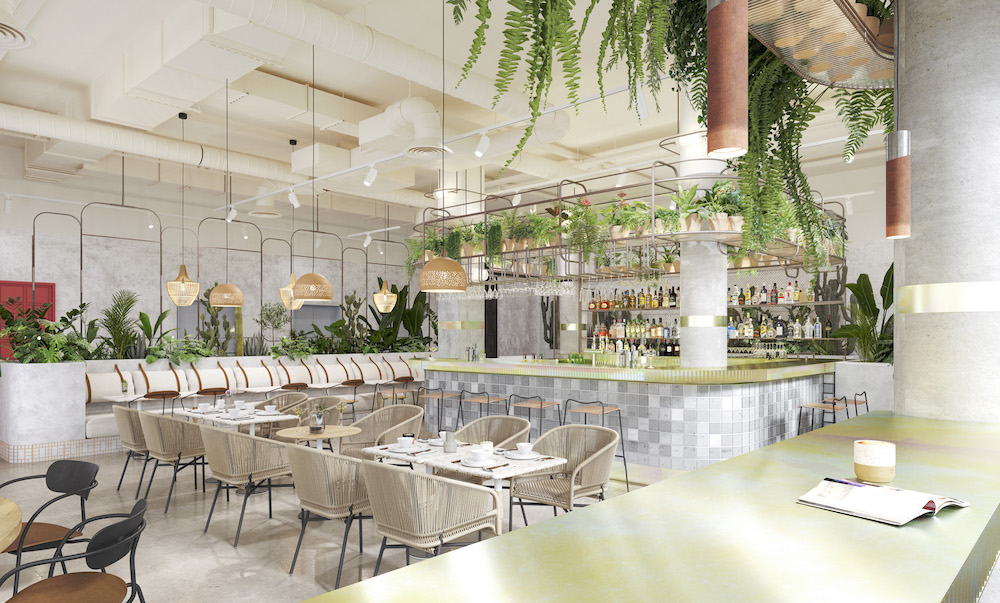 Rendering of bar with lots of plants around it