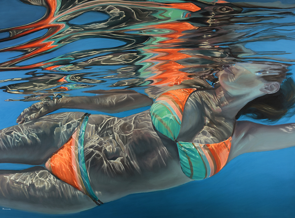 An art piece showing girl swimming in turquoise and orange bikini