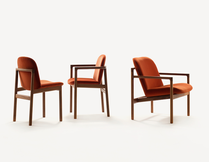 A trio of modern maroon dining chairs from Morgan