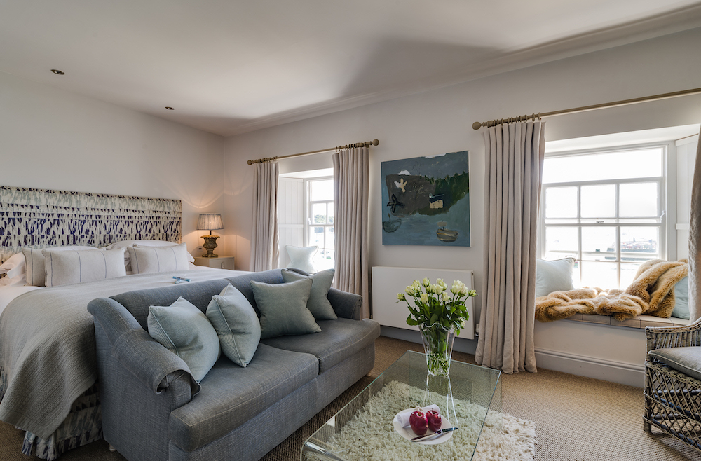 Grand seaview room with coastal themed interiors inside The Idle Rocks, St Mawes