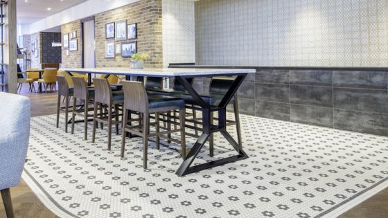 Geometric tiled walls inside Marriott Hotel Kensington