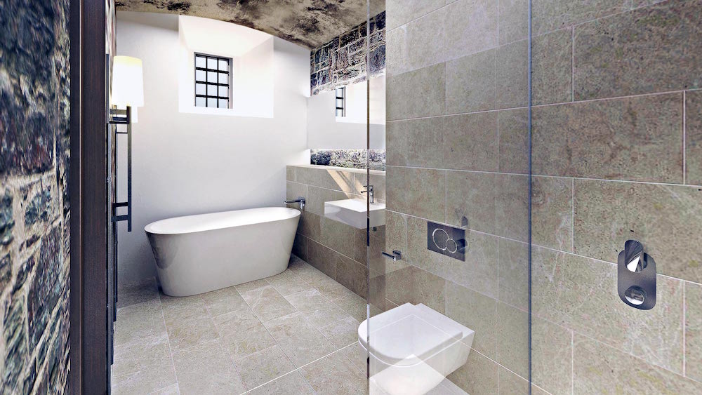 A render of a bathroom inside Bodmin Jail Hotel