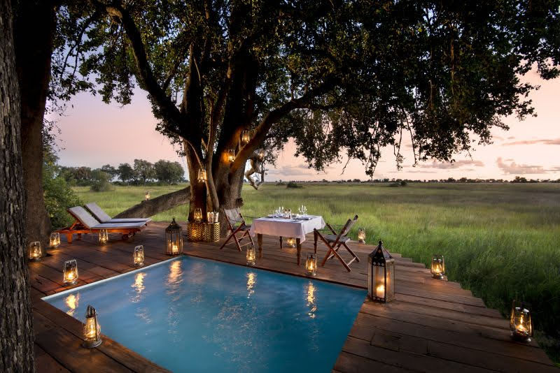 A luxury swimming pool looking out over the game reserve in Africa