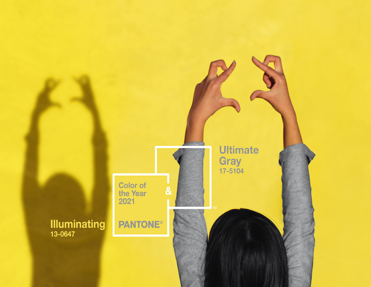 pantone colour of the year: woman in grey standing in front of yellow backdrop