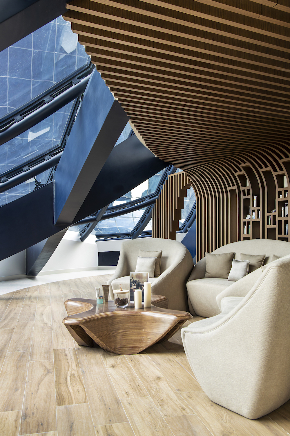 Viewing area with sofa in ME Dubai, designed by Zaha Hadid