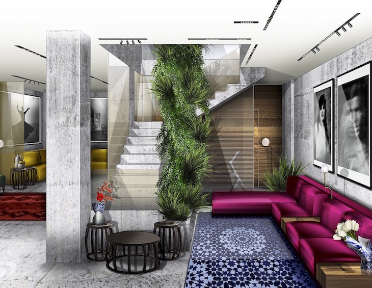 Render of vibrant interiors in a boutique hotel in Milan