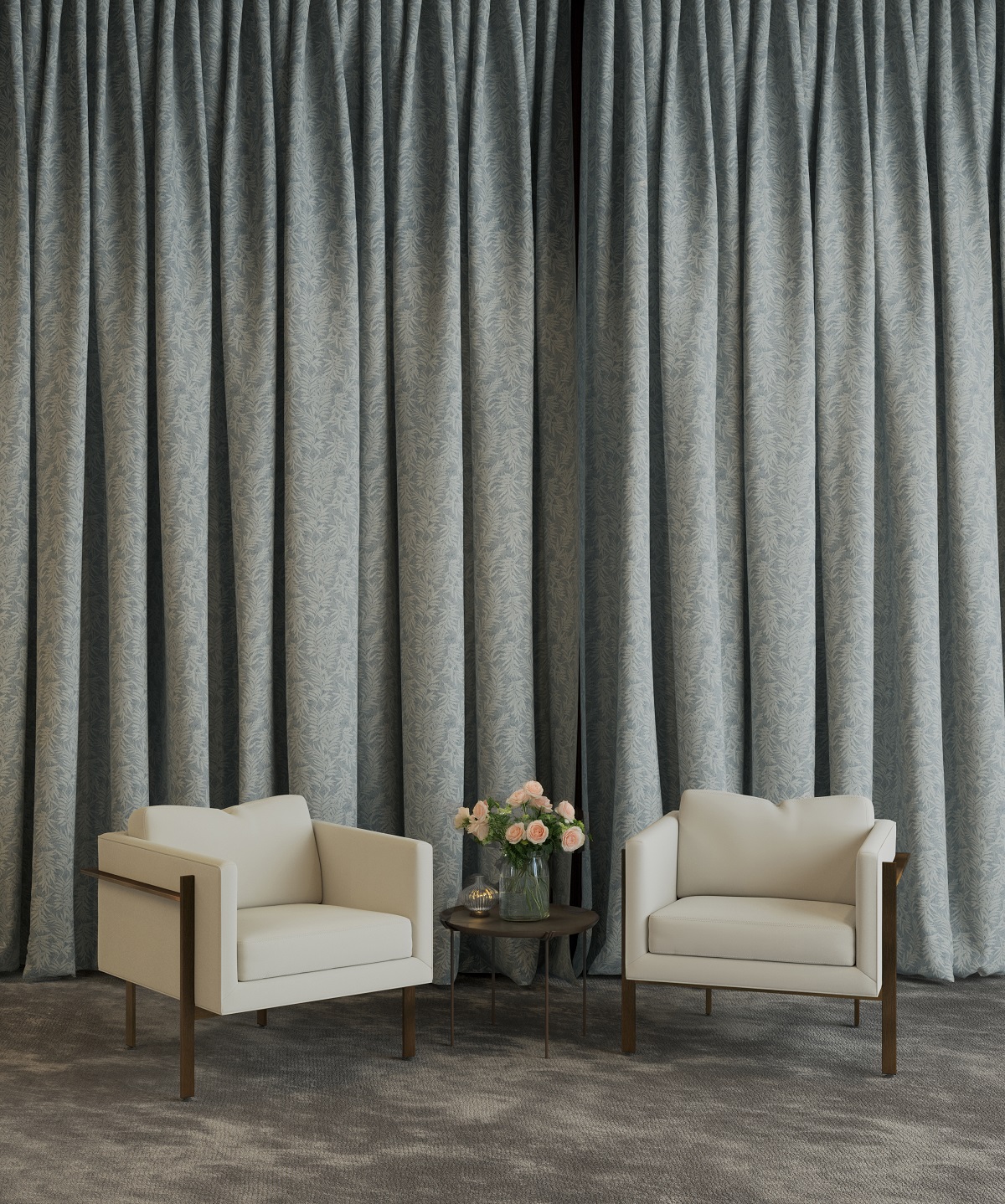 2 chairs in front of grey curtains in FR-One Modette