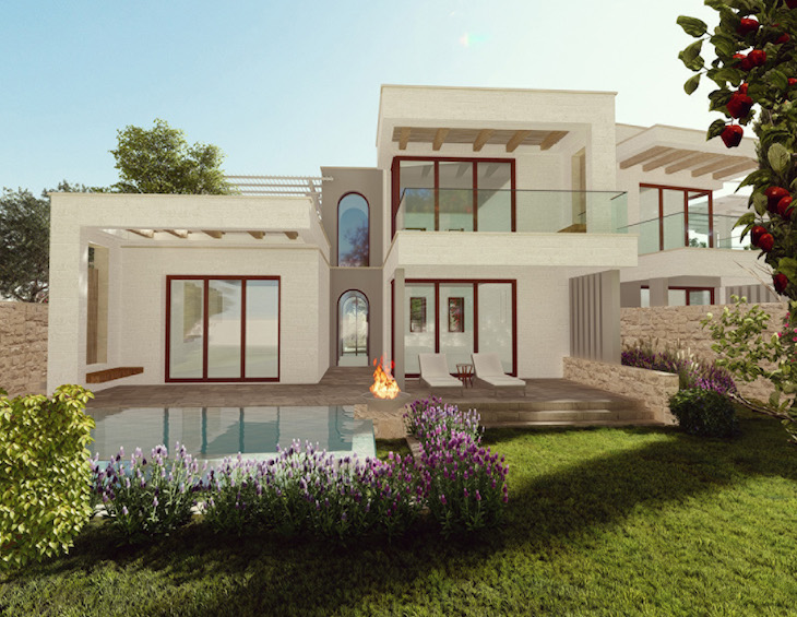 Render of outside of villa at new FOur Seasons hotel in Southern Italy