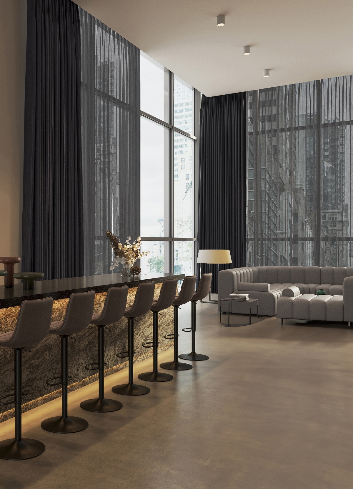 bar seating next to windows with curtains in SEKERS GALAXY fabric