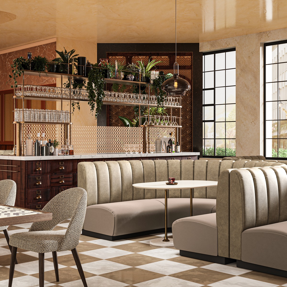 banquettes in restaurant covered in cream Sekers Dolce Vita Leather