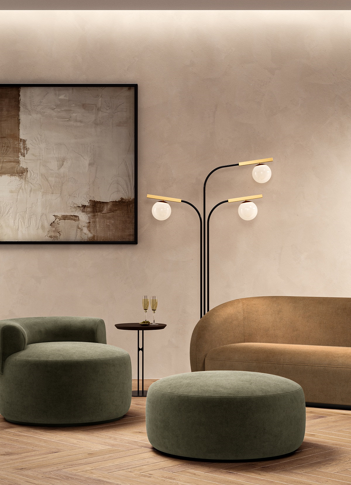 brown sofa and grey pouffe with standard light