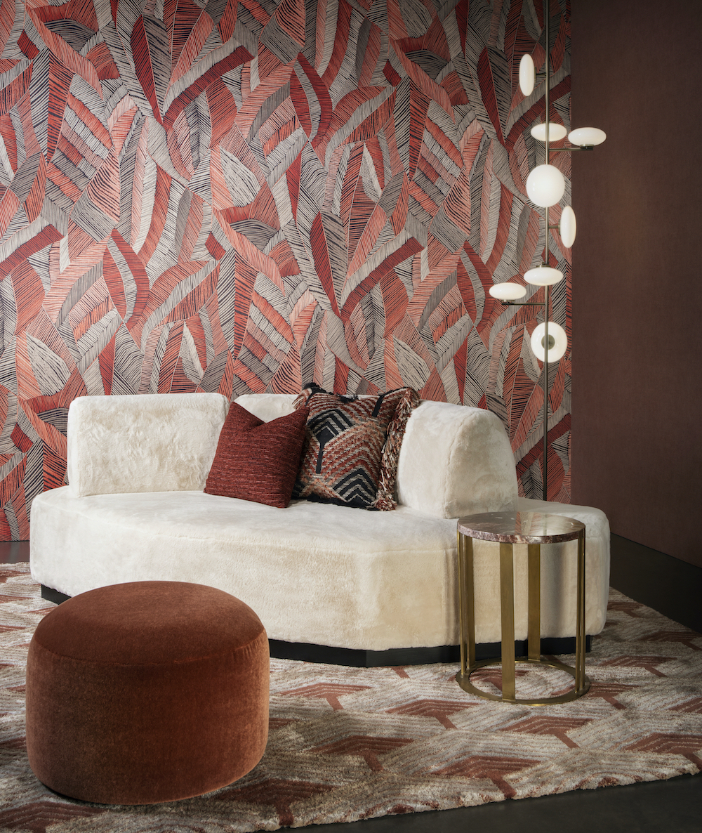 A patterned couture wall in a modern and contemporary lounge
