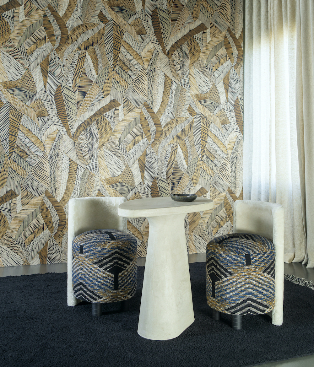 A modern couture design layout of a lounge with loud Arte wallcovering