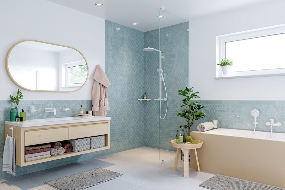 Image caption: hansgrohe white shower and taps in the FinishPlus range. | Image credit: hansgrohe/UK Bathrooms