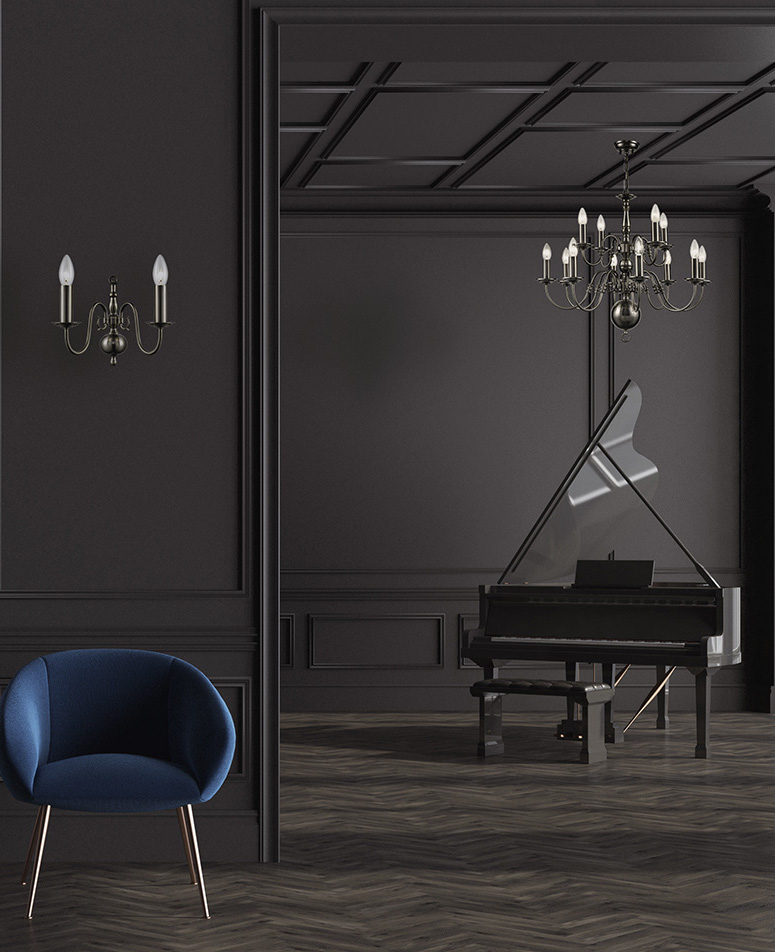 Luxury black living room interior with a dark blue armchair, a piano and a table. A poster. 3d rendering mock up