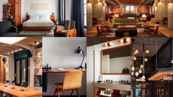Collage of interior images of inside the Ace Hotel Brooklyn