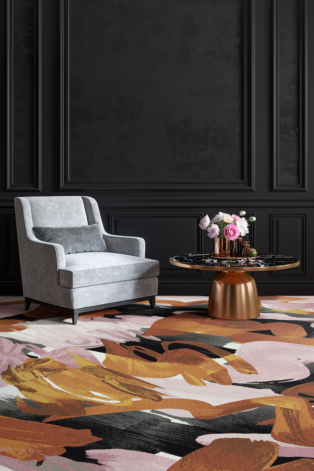 Classic black, dark interior with armchair, coffee table, flowers and wall moldings. 3d render illustration mockup.