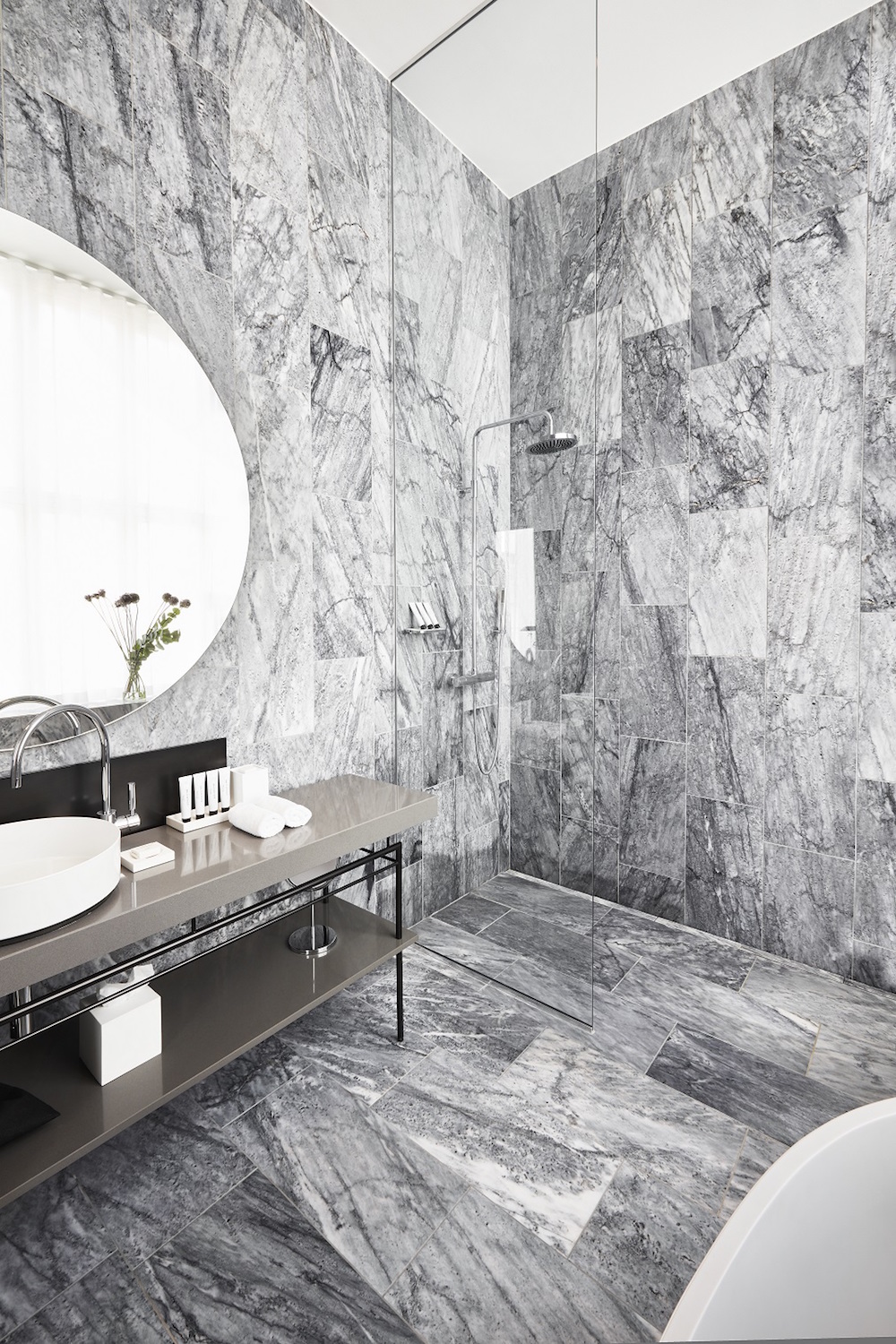 Grey, marble-like bathroom