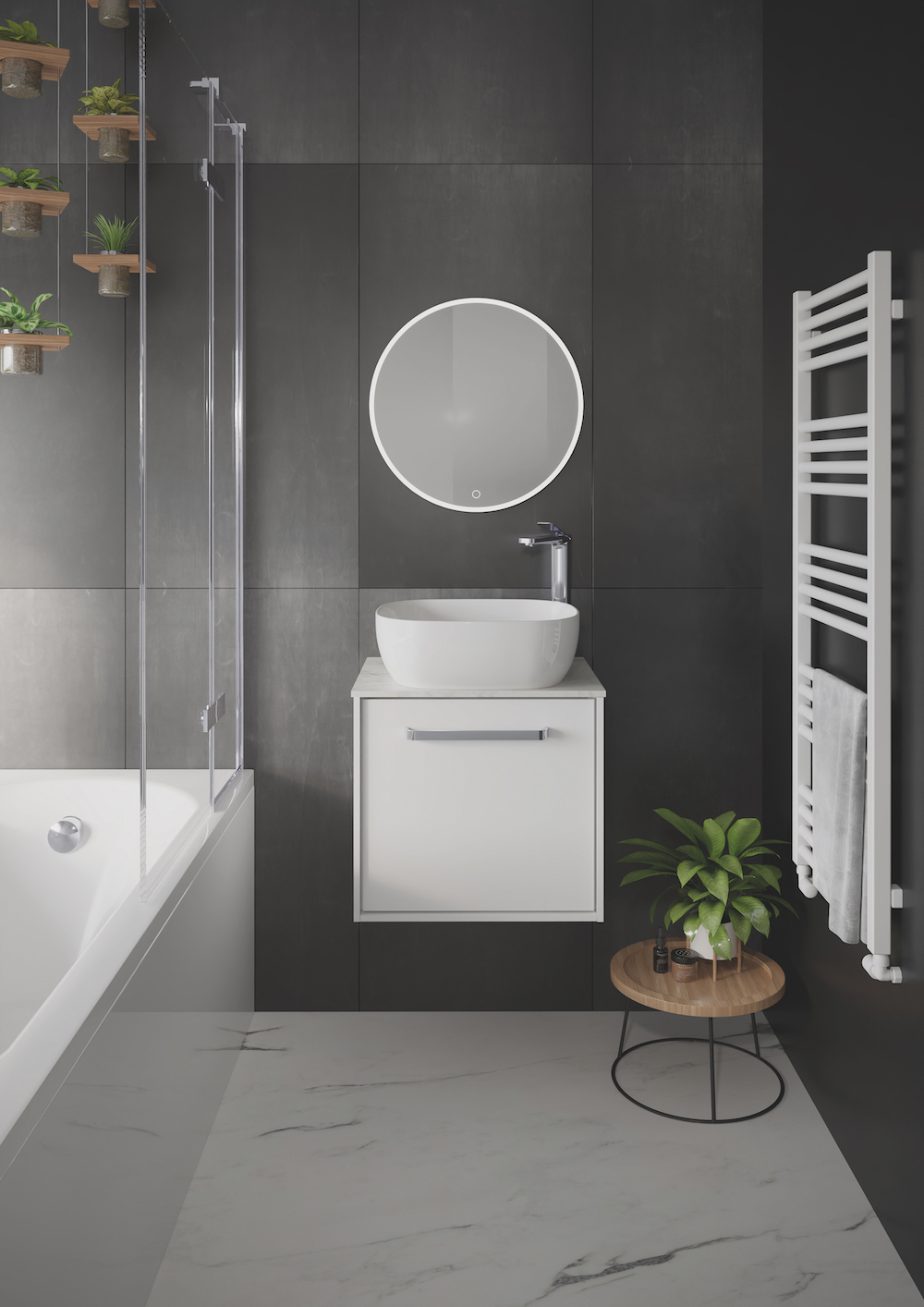 Hotel design | A grey modern bathroom with white ceramic bath and washbasin