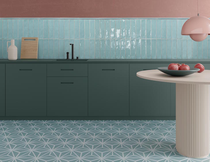 Hotel Designs | A mint and soft pink tonal tiles in the kitchen