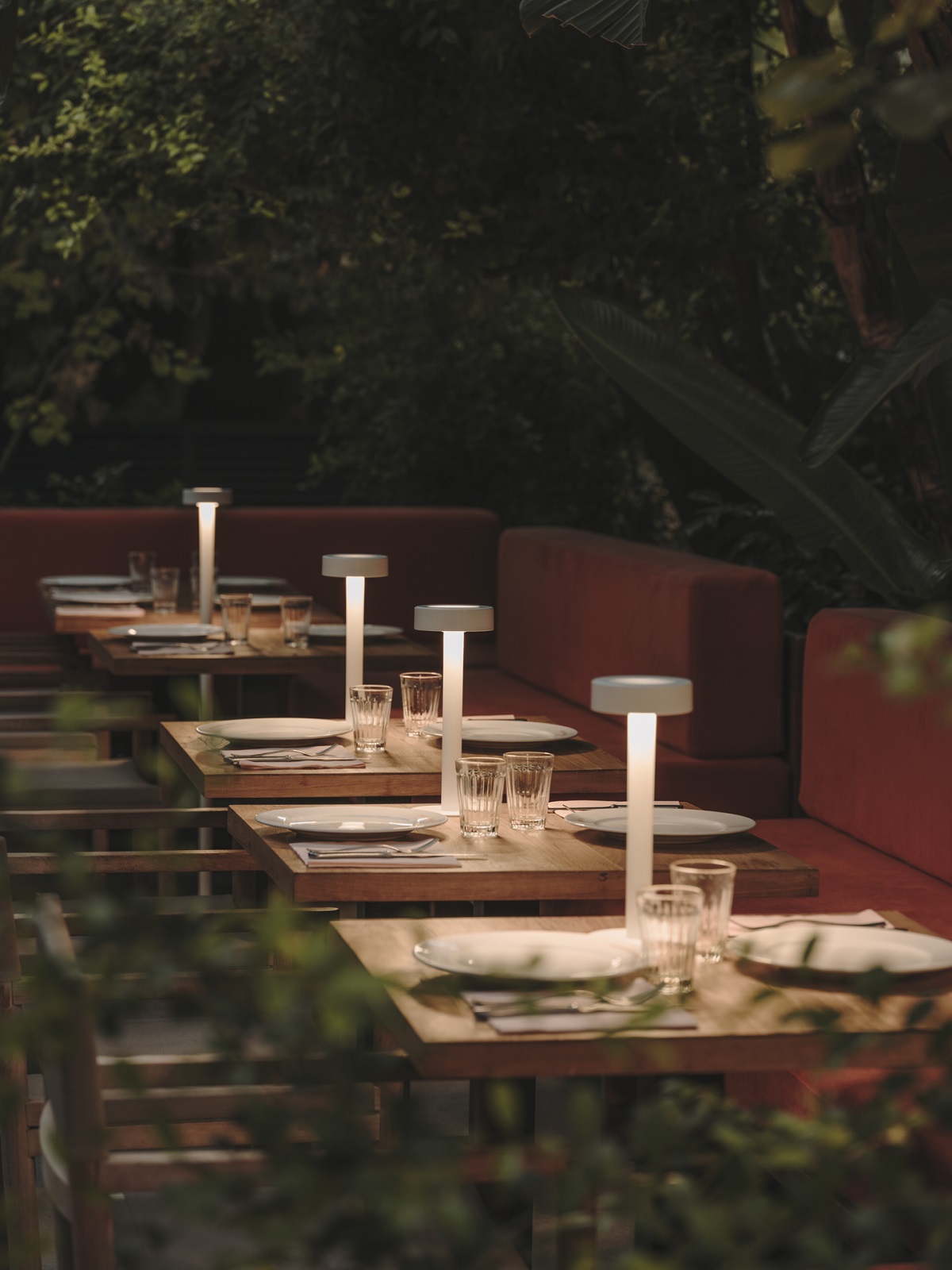 A series of table lights in outdoor restaurant
