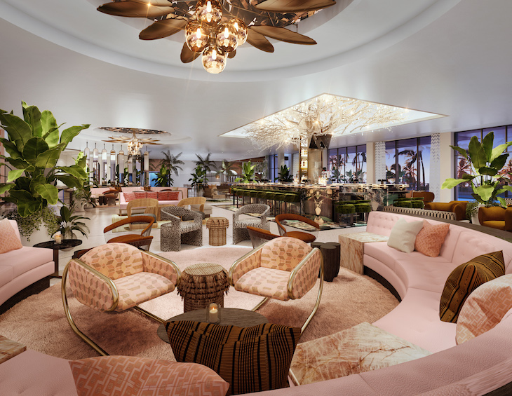 A flamboyant interior design scheme inside the lobby of golf resort in Palm Springs
